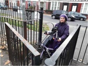 Woman using handcycle unable to get through gates to park