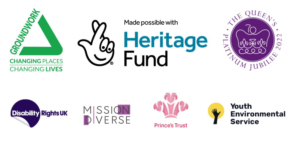 Groundwork, National Heritage Lottery, Queen's Jubilee, Mission Diverse, Disability Rights UK, Prince's Trust and Youth Environmental Service logos