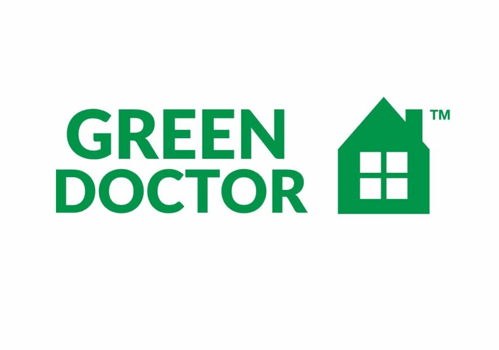 green doctor logo displays the words 'green doctor' in capital bold grass green text with a house icon in green on the right.