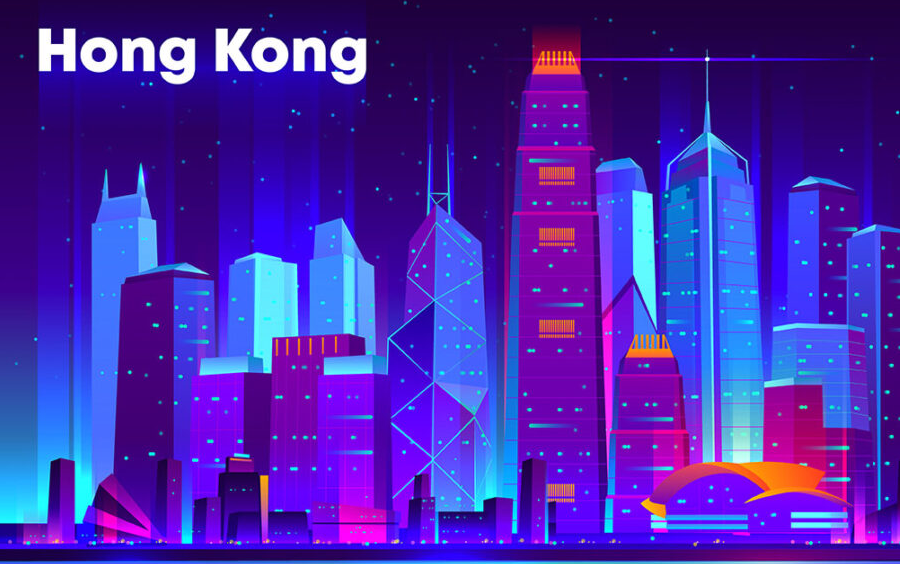 Illustration of Hong Kong in blue and pink tones with white text "Hong Kong"