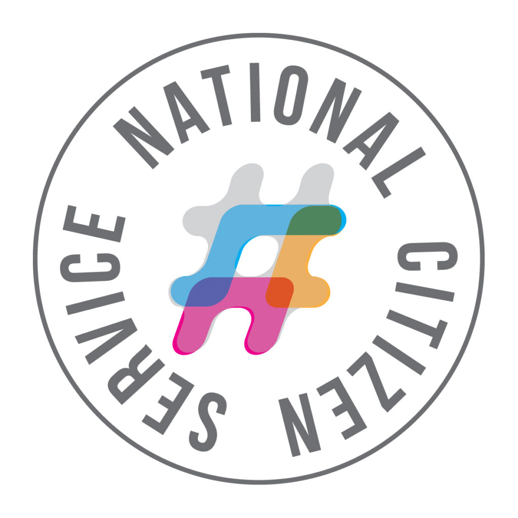 National Citizen Service logo. Logo show a colourful hashtag symbol in the centre of a circle with the words 'National Citizen Service around the inside of the circle.