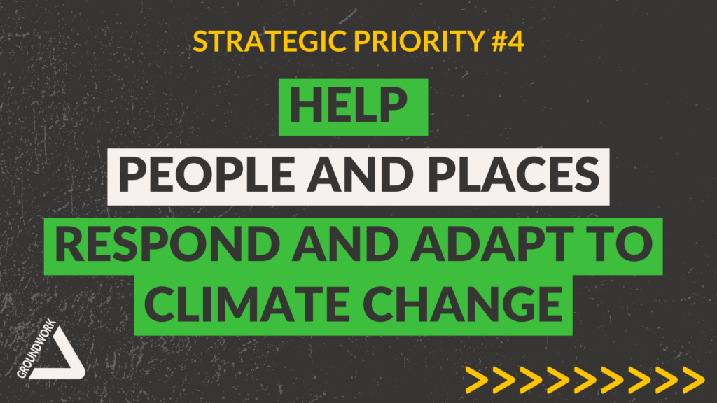 Image displays the words 'help people and places respond and adapt to climate change' under a heading of 'strategic priority number four' in green and white boxes with black writing,