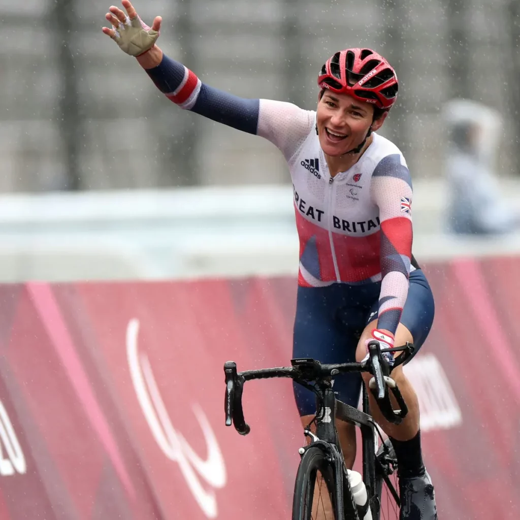 Dame Sarah Storey riding a bike