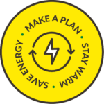 Illustration shows lightning bolt and wording which reads make a plan, stay warm, save energy.