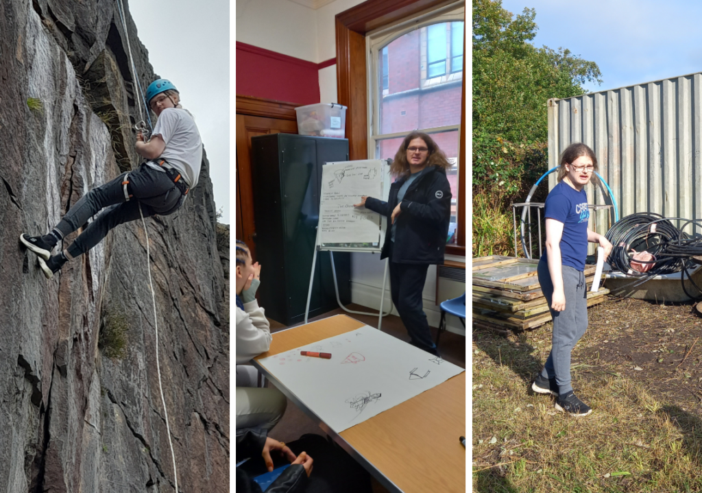 Left: A young person (Aaron) abseiling down a rock. Middle: Aaron presenting a project. Right: Aaron working in a yard. Activities for the Princes Trust programme