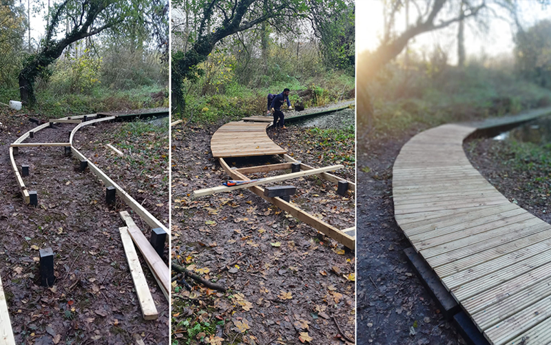 Collage of three photos showing progress of a wooden boardwalk being built.