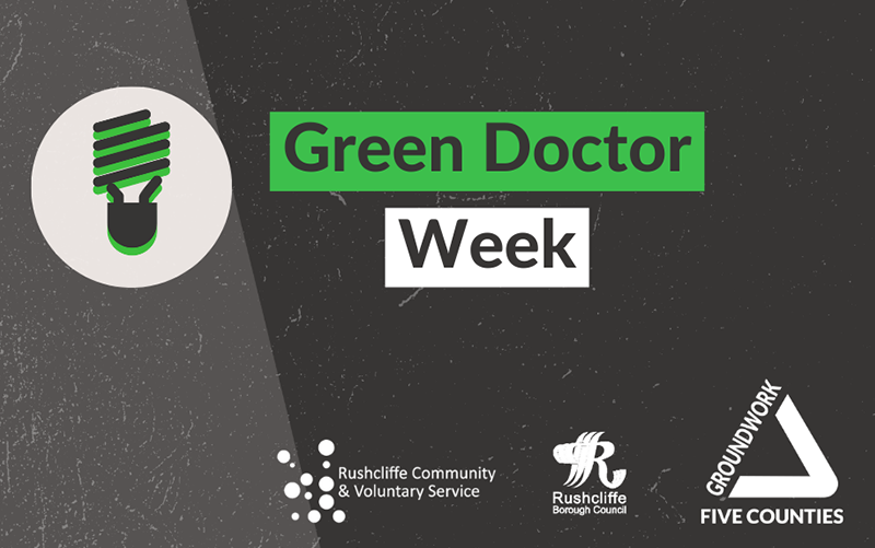 Black and grey background with illustration of light bulbs, black text on green and white rectangles "Green Doctor Week" and white logos underneath.