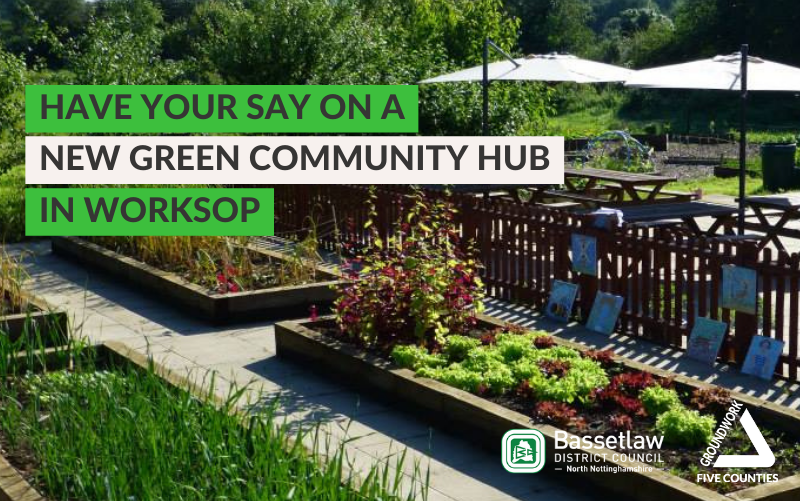 Photo of allotment with raised beds, parasols and seating. Green and white text "Have your say on a green community hub in Worksop" with two logos