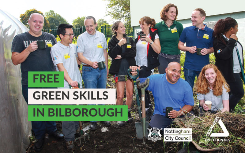 Group of people in outdoors space, with green and white boxes and black text "Free green skills in Bilborough" and two white logos in bottom right corner