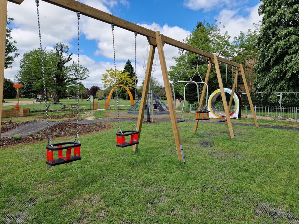 Swings in newly remodeled park in Hitchin