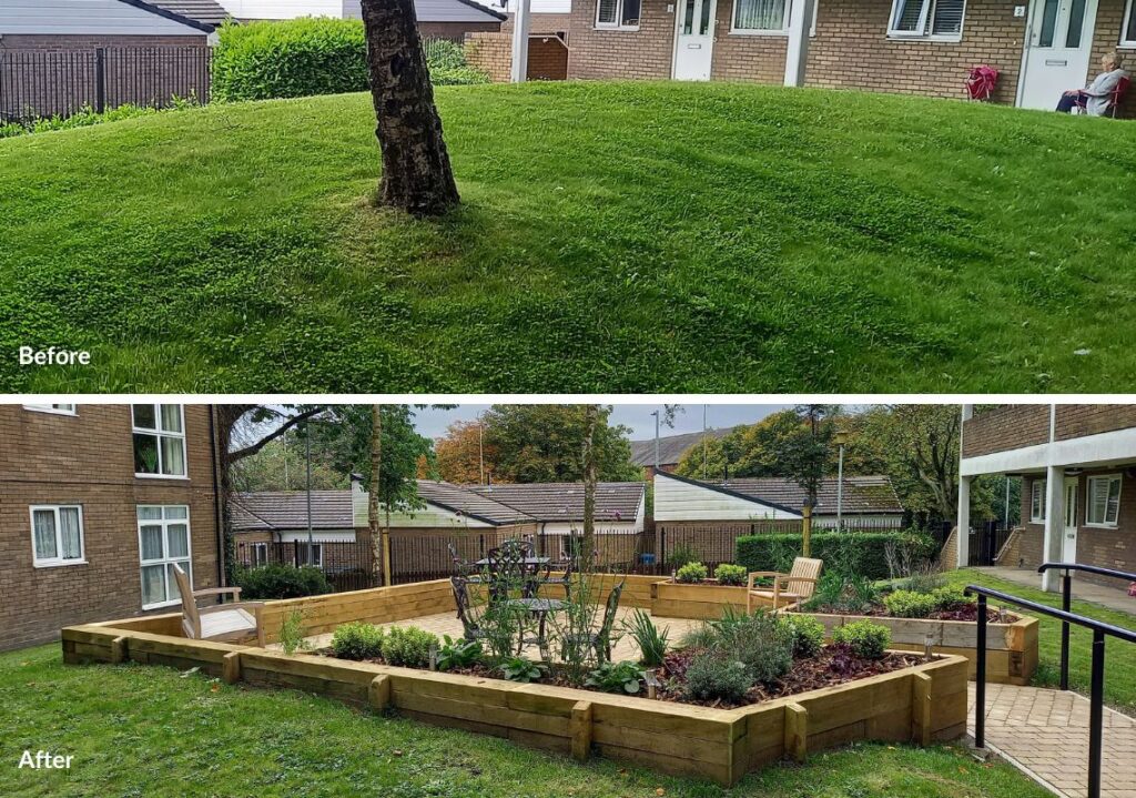 Before and after of assisted living green spaces