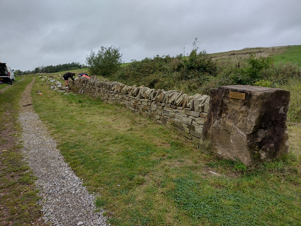 Volunteers building a stone wall
