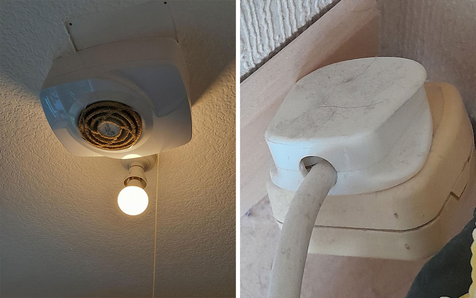 Two photos showing electrical fire hazards. Left picture shows a very dust ceiling extractor fan, the right picture shows an old discoloured extension cord socket.