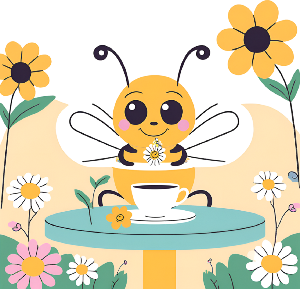 A cartoon bee sipping nectar from a cup