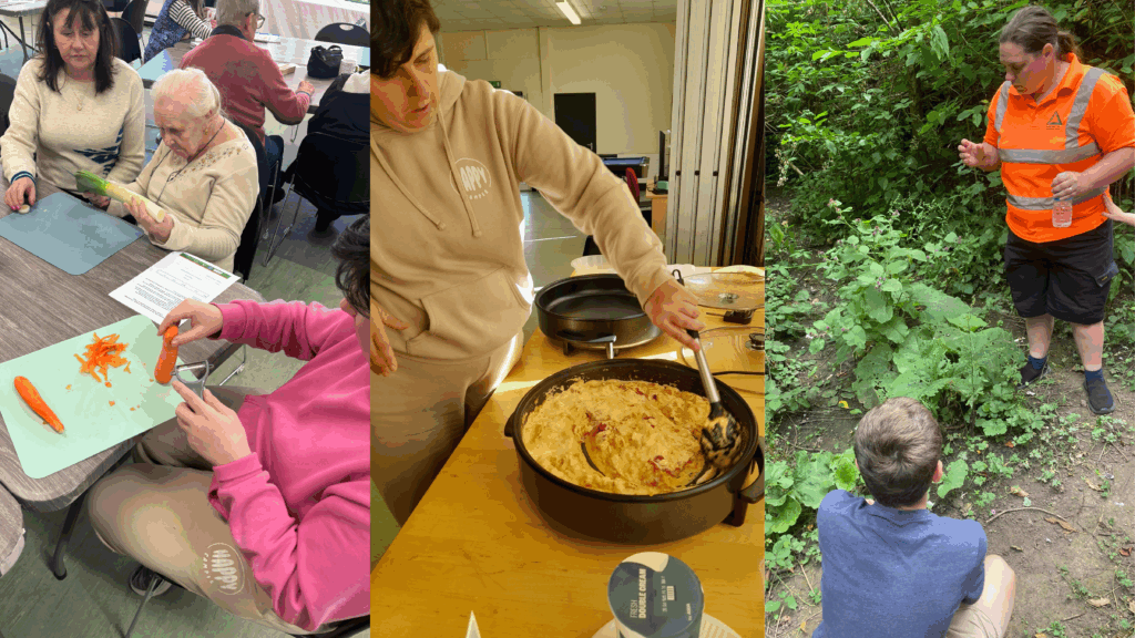 3 images from groundworks grow your own project. 2 images show people making food together. the other shows people outdoors learning