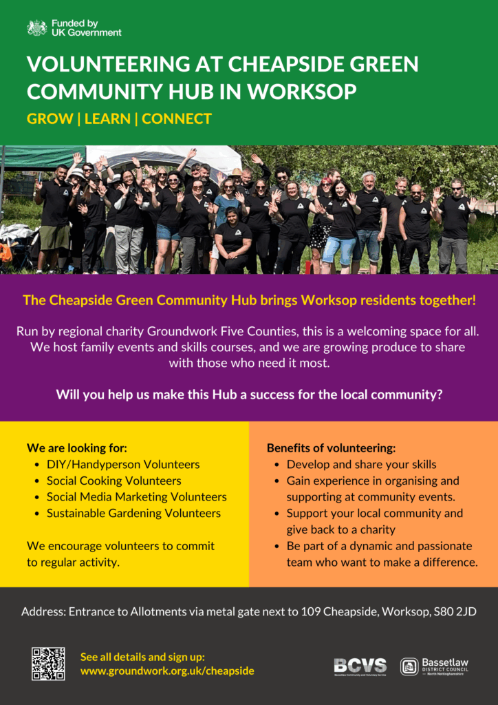 Multicolour poster with information about becoming a volunteer at the Cheapside Green Community Hub.