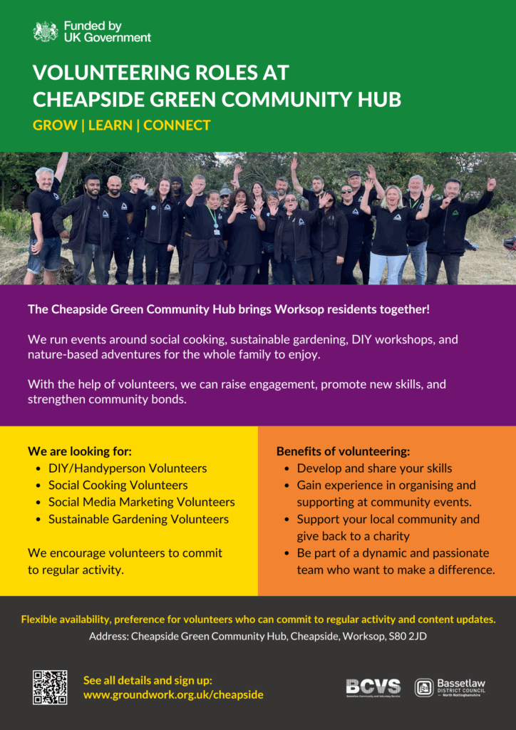 Multicolour poster with information about becoming a volunteer at the Cheapside Green Community Hub.