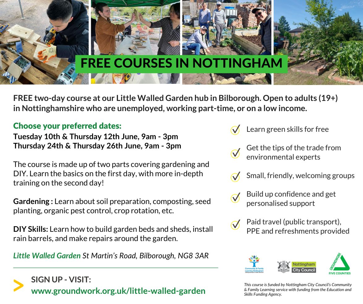 Graphic with four photos of people doing DIY and gardening. White background, text about free green skills courses in Nottingham.