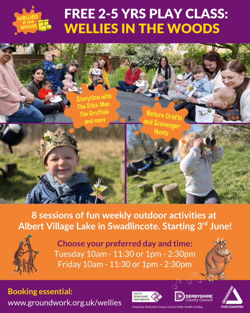 Poster in orange and purple with white and yellow text about Wellies in the Woods, free play groups for pre-schoolers in Swadlincote. Photos of children having fun.