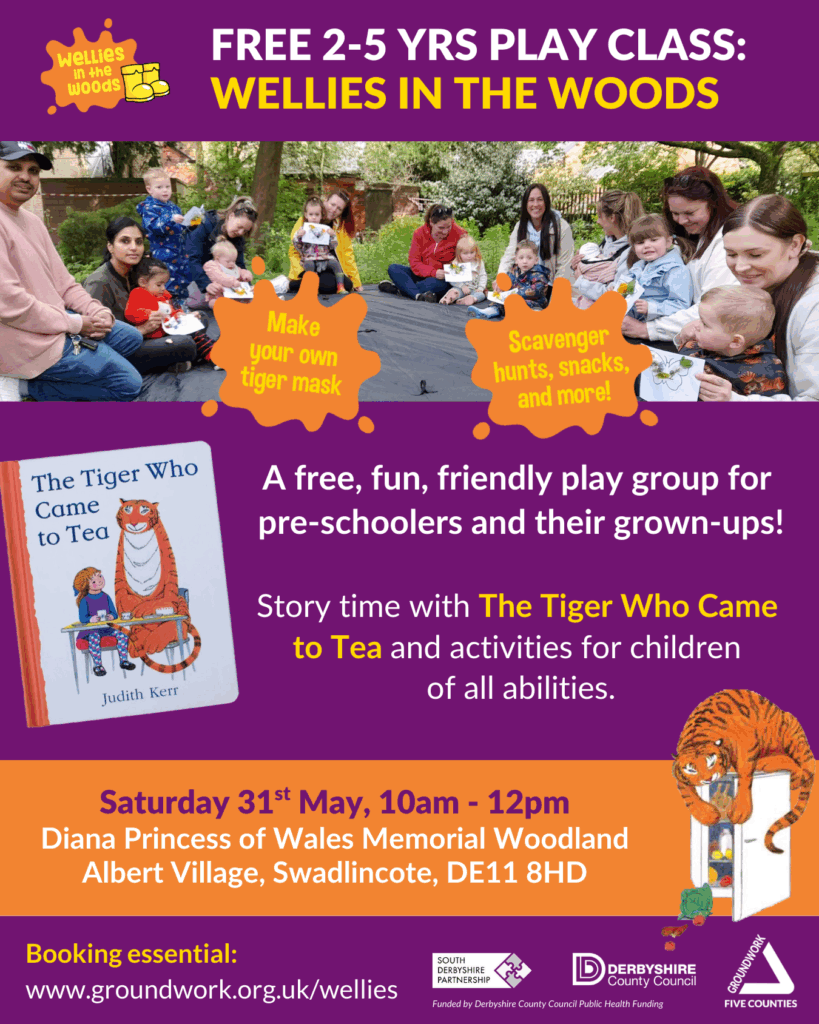 Poster with purple background and photo of group of children and adults. White and yellow text about event in Swadlincote with story time and activities.