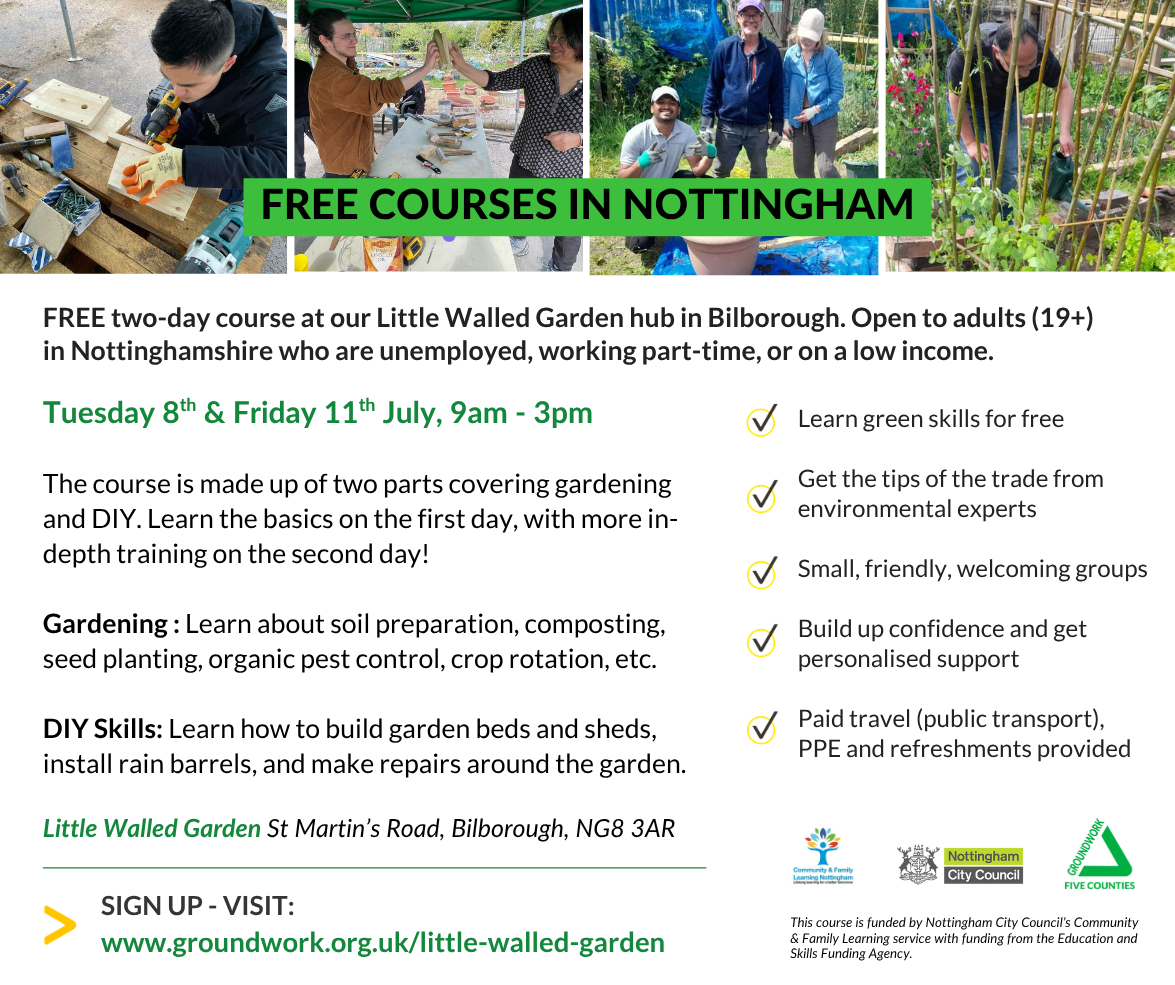 Graphic with four photos of people doing DIY and gardening. White background, text about free green skills courses in Nottingham.