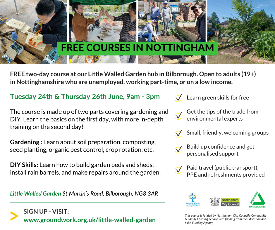Graphic with four photos of people doing DIY and gardening. White background, text about free green skills courses in Nottingham.