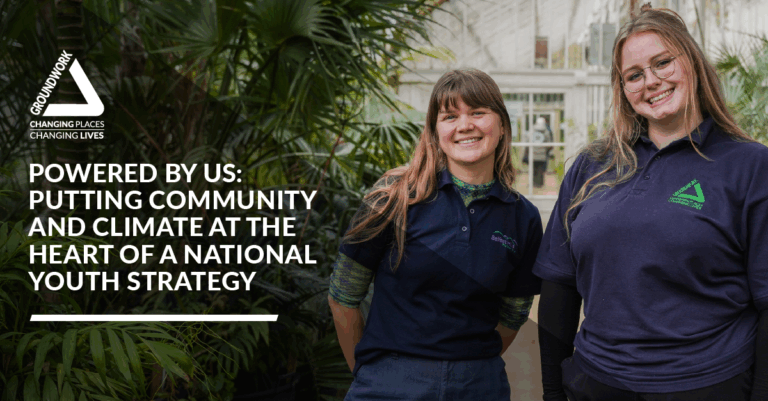 Powered By Us Youth Report Cover Image featuring title 'POWERED BY US: PUTTING COMMUNITY AND CLIMATE AT THE HEART OF A NATIONAL YOUTH STRATEGY' and picture of two new to nature trainees smiling