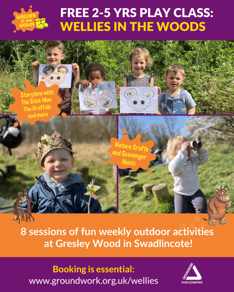 Poster in orange and purple with white and yellow text about Wellies in the Woods, free play groups for pre-schoolers in Swadlincote. Photos of children having fun.