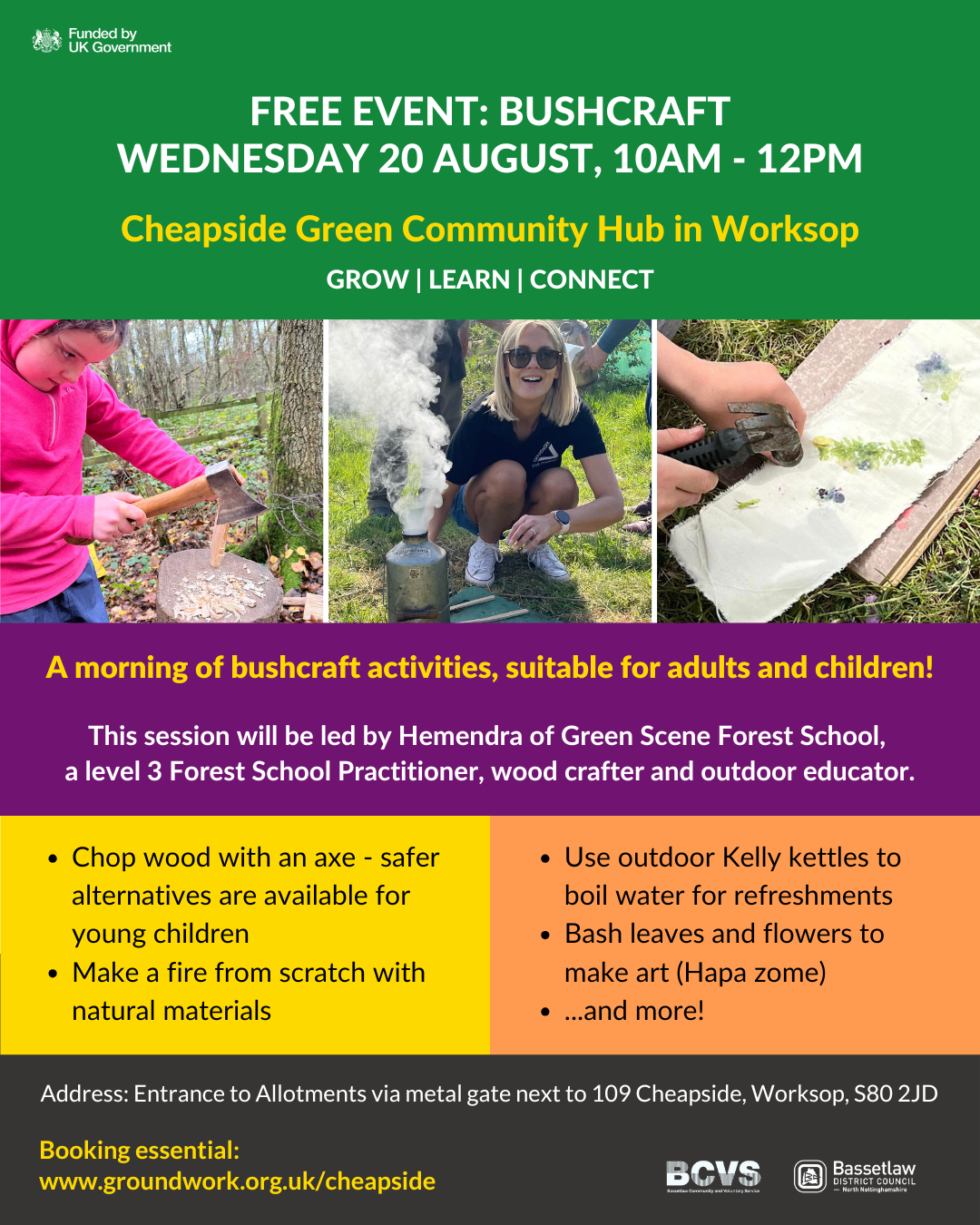 Poster with green, purple, orange, yellow and black colour blocks. Three photos of outdoor activities. Text about bush craft event at Cheapside Green Community Hub in Worksop with details.