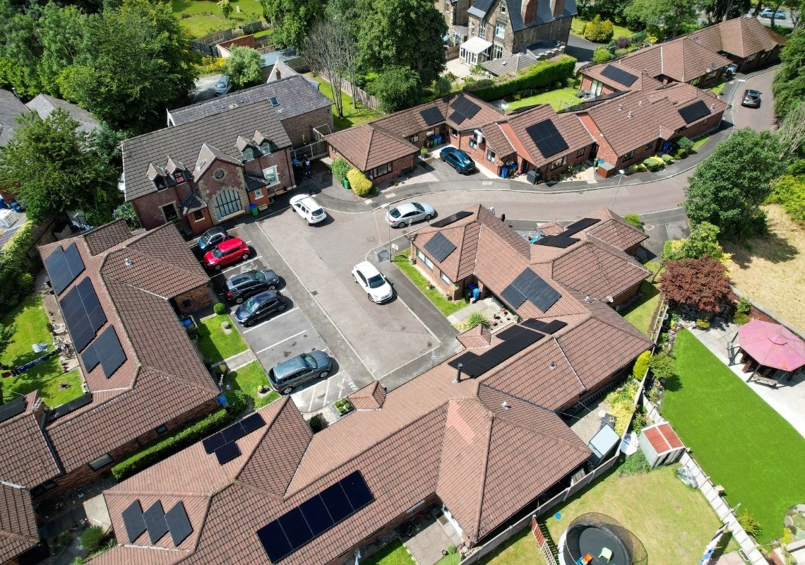 Mulberry Close drone photos of retrofitted homes with solar panels