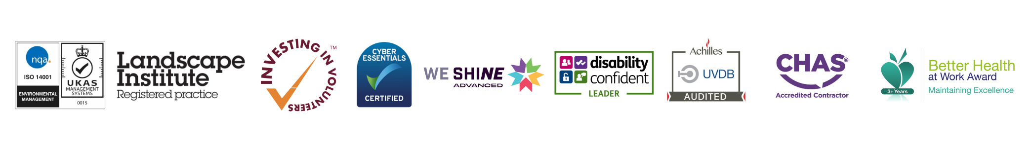 Logos- Landscape Institute, Investing in volunteering, cyber essential, Good work pledge, disability confident, CHAS, North East Better health at work award 