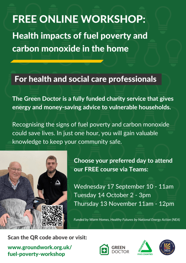 Green flyer with white text "free online workshop: health impacts of fuel poverty and carbon monoxide in the home" with photo of young and elderly men, and details about course.