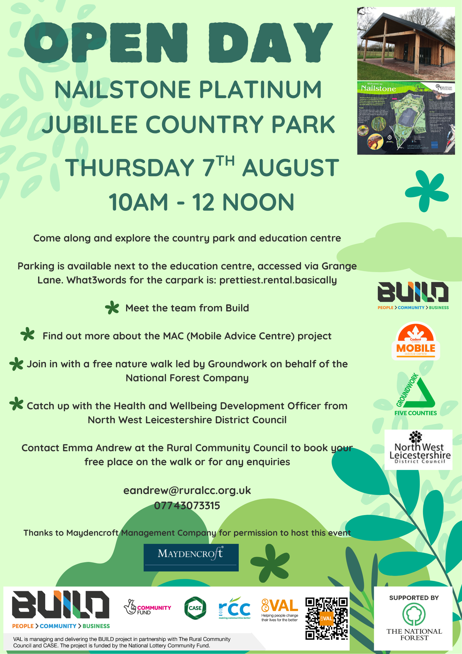 Green poster for open day at Nailstone Platinum Jubilee Country Park on 7th August