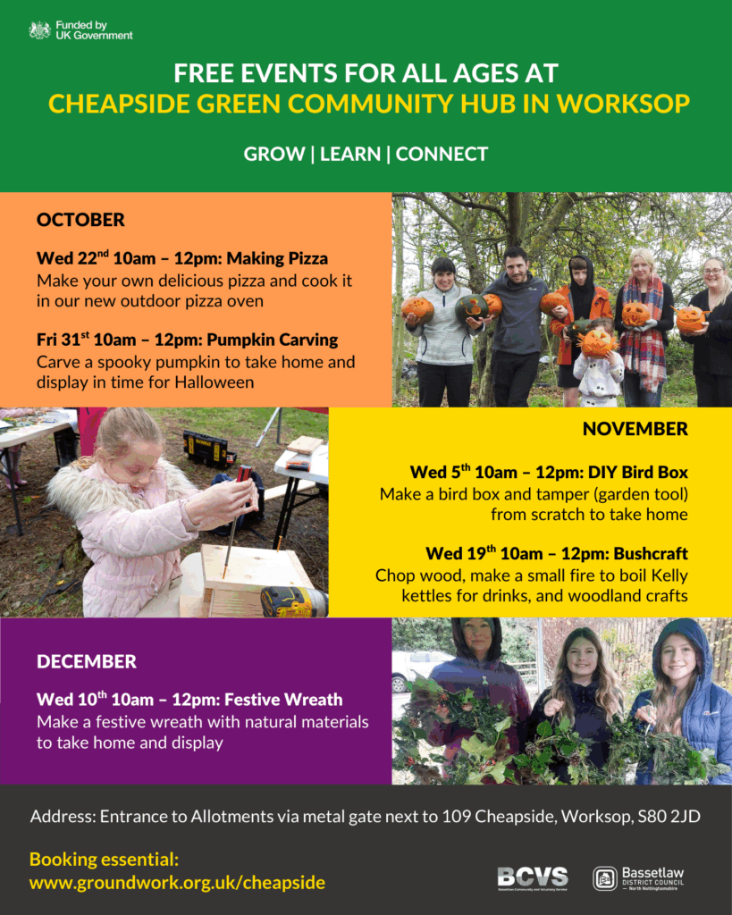 Colourful graphic with green, orange, yellow, purple, and black boxes, photos of people doing activities and information about events at Cheapside Hub in Worksop,