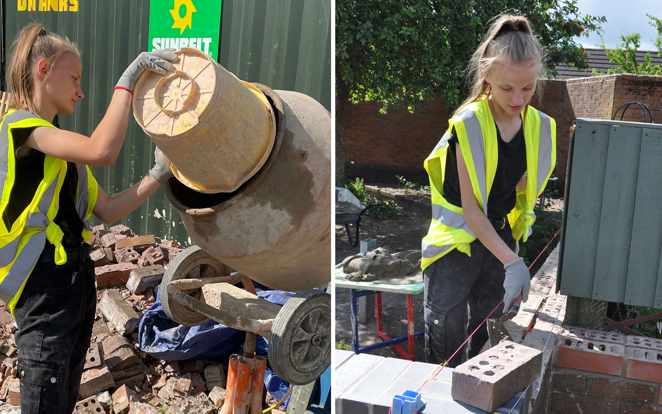 Two pictures of young blonde woman in yellow high visibility vest. Left picture shows her pouring water from bucket into cement mixer, the right picture shows her laying bricks in outdoor setting.