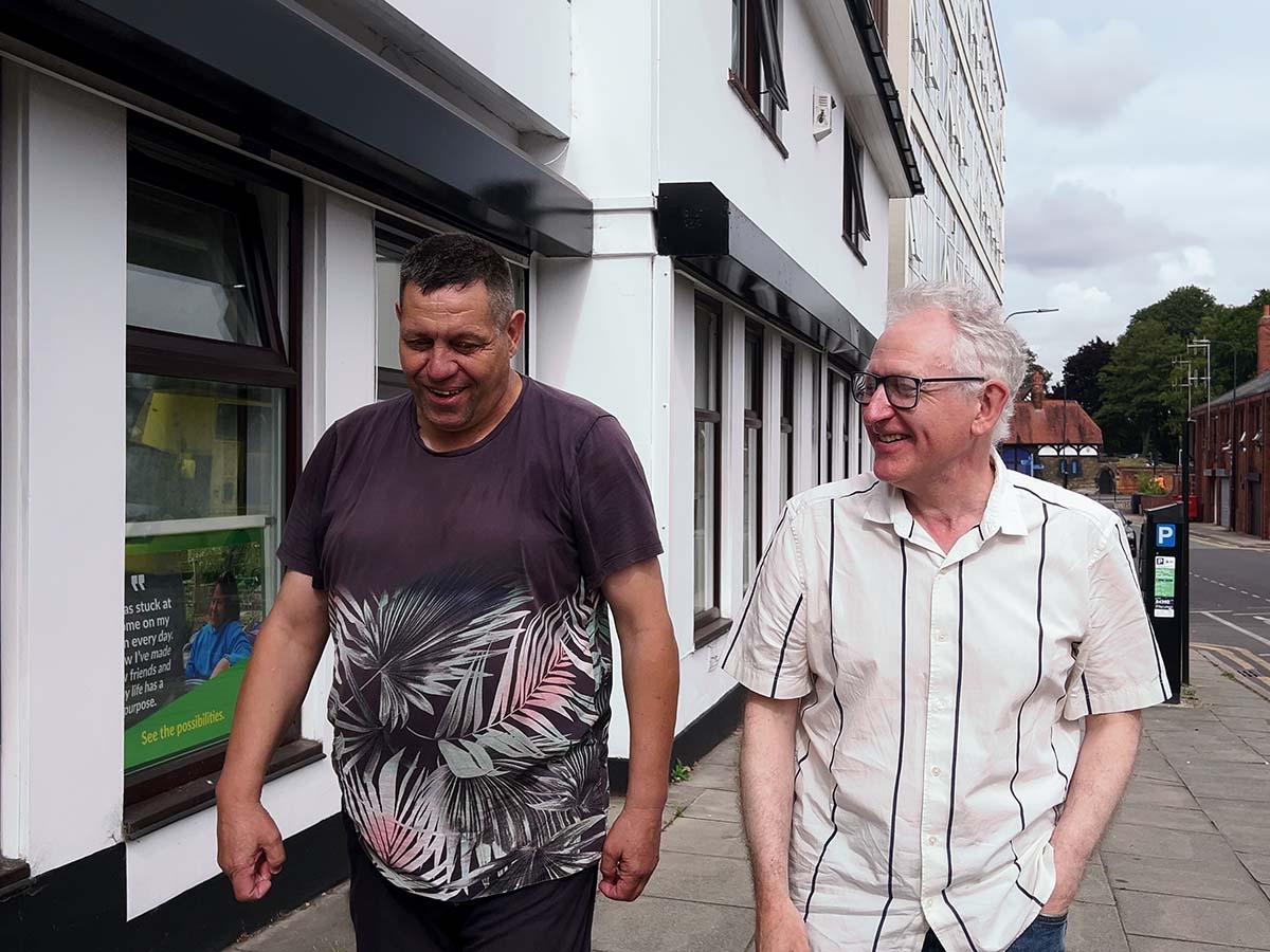 Eric and Andrew walking into the Roots To Wellbeing course at the Groundwork office in Wigan.