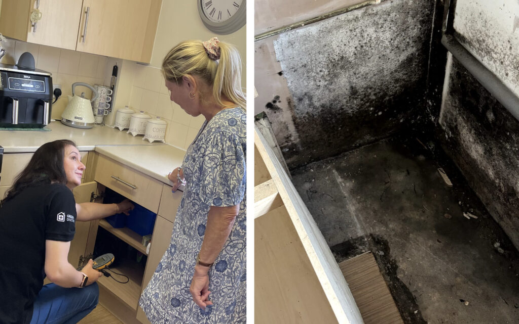 Collage of two photos. On the left, two women with an open kitchen cupboard looking at each other. The right photo shows extensive black mould in an empty cupboard space.