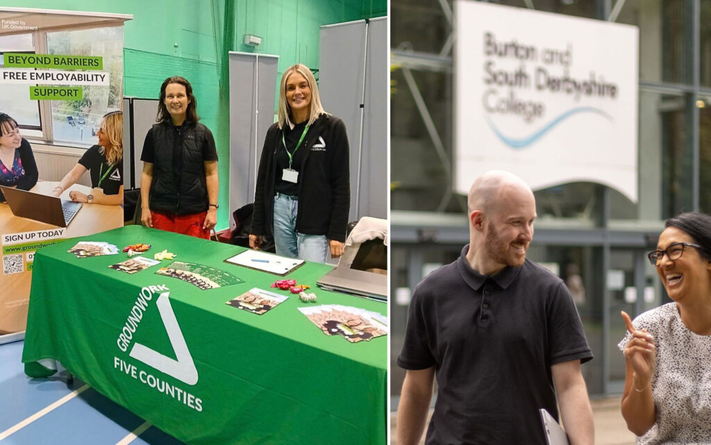 Collage of two photos. On the left, two women standing at table with green table cloth and white Groundwork logo, right photo shows man and woman talking and laughing in front of Burton and South Derbyshire College.