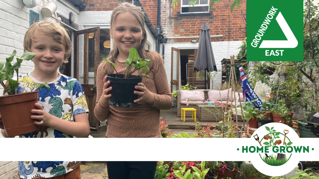 Front page of Home Grown project profile with two children holding plants and smiling in their garden