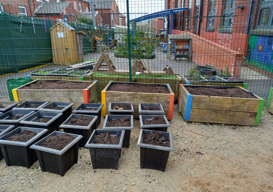 Plants and plant pots ready to be filled