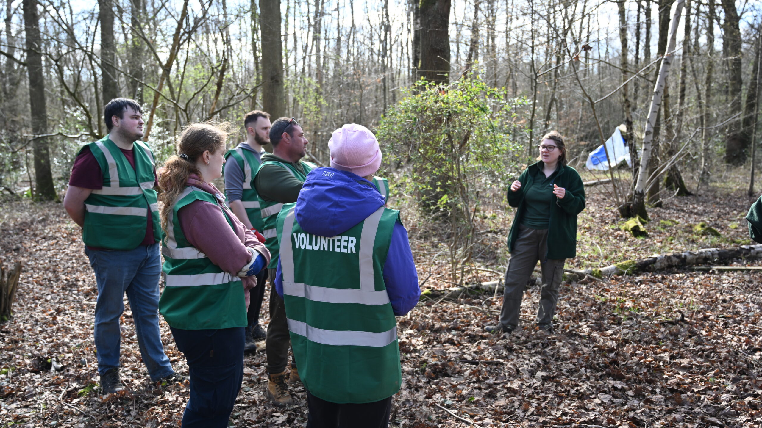 Volunteers gathering round in a wood listening to a Team Member