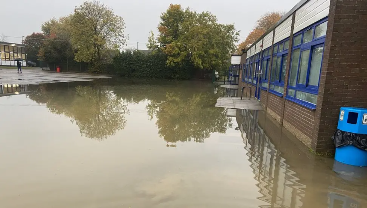 Castle Newnham School with flooding in the playground