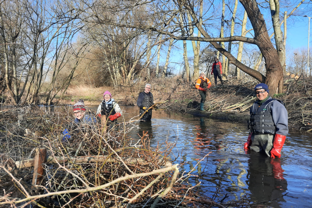 Volunteers in the river wearing waders