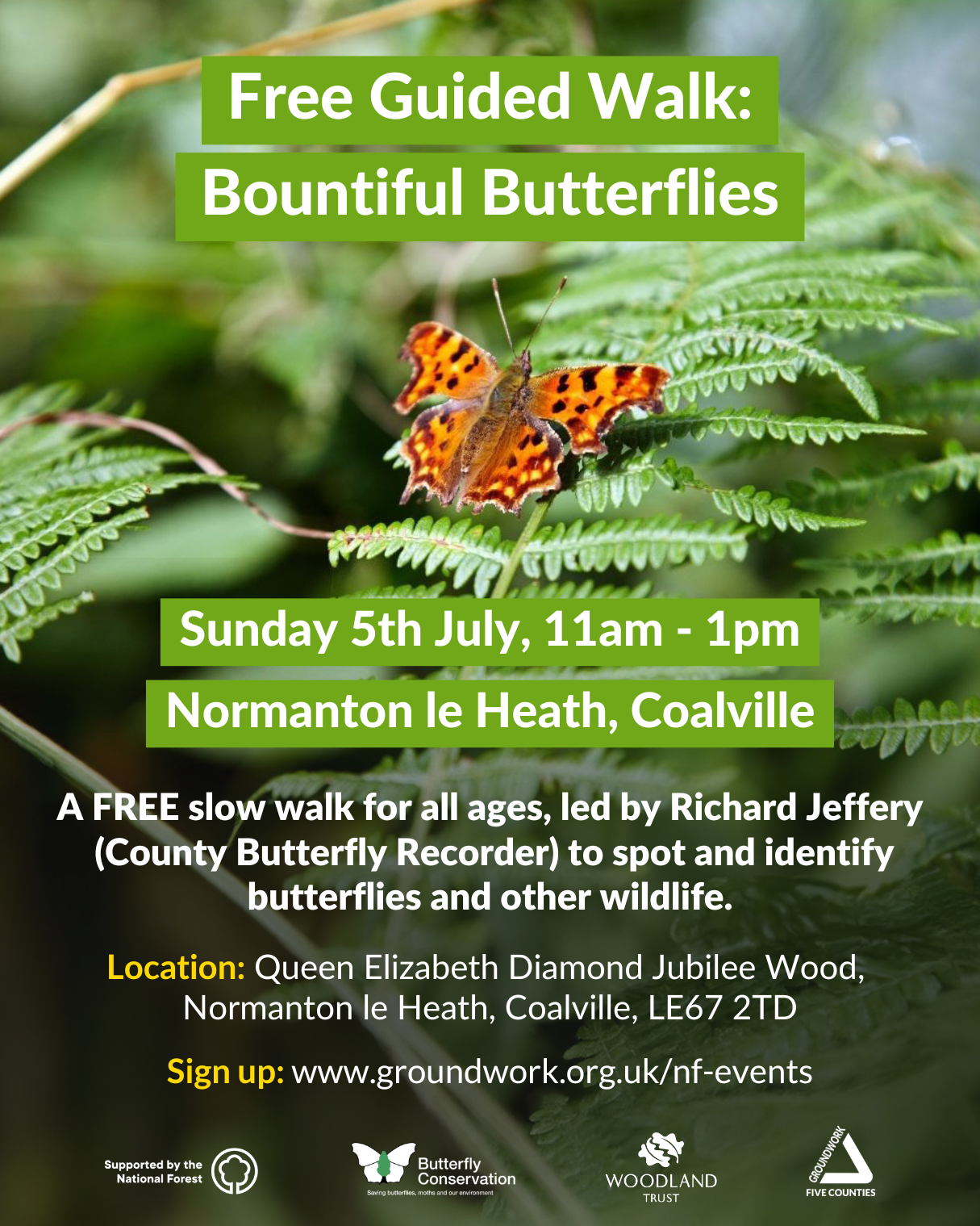 Poster with photo of orange and brown butterfly on ferns, green and white text 'free guided walk: bountiful butterflies' and details about event with white logos at bottom.