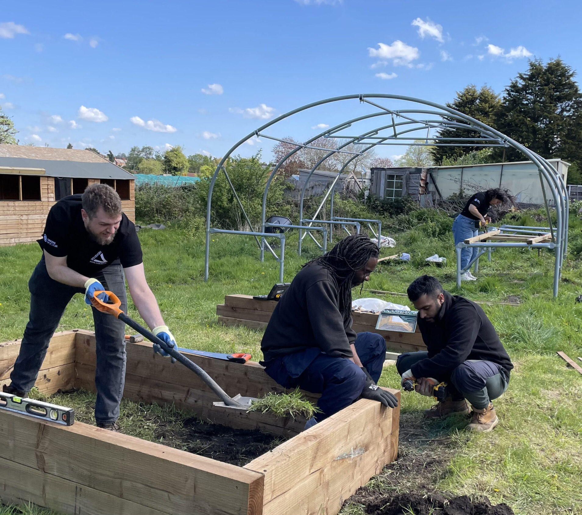 Three men working on wooden raised bed in allotment space, two people in the background working on polytunnel,