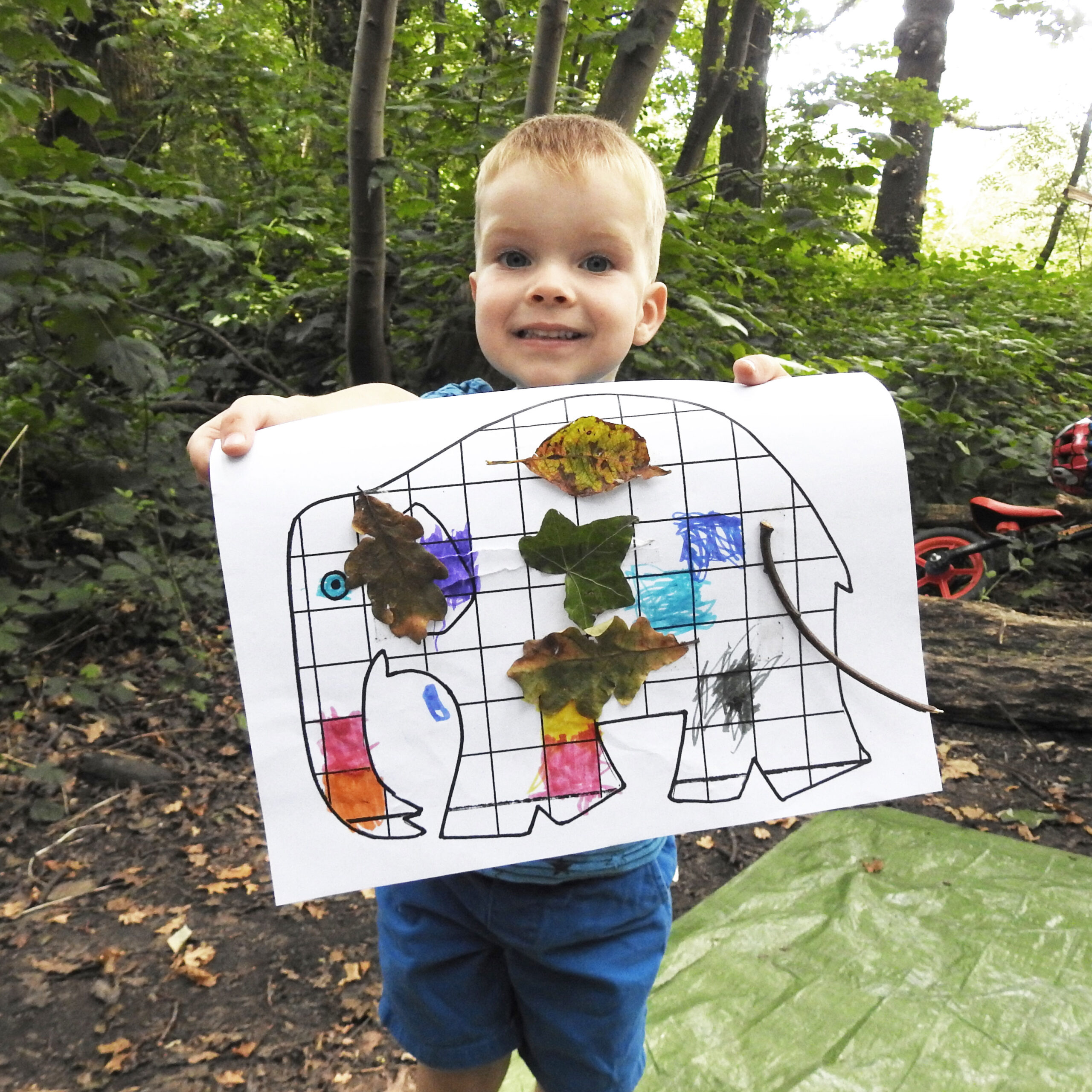Child in outdoor environment holding paper with elephant drawing partially coloured in and leaves and sticks attached.