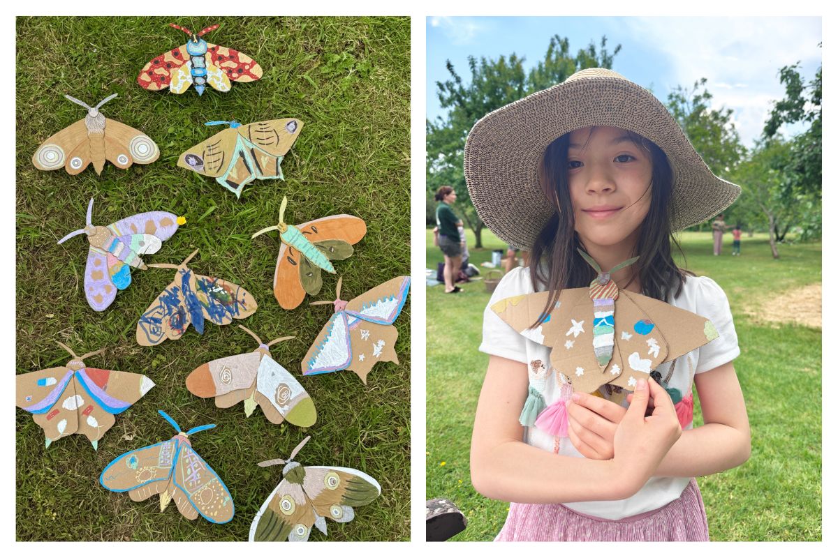42 images, 1 showing craft made moths, the other a young girl with a sun hat, holding her craft made moth