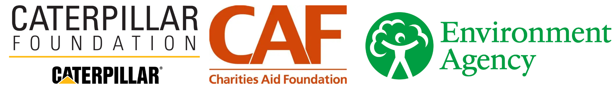 Caterpillar foundation logo Charities Aid foundation logo and the Environment agency logo all funders for groundworks environment project on the river wear