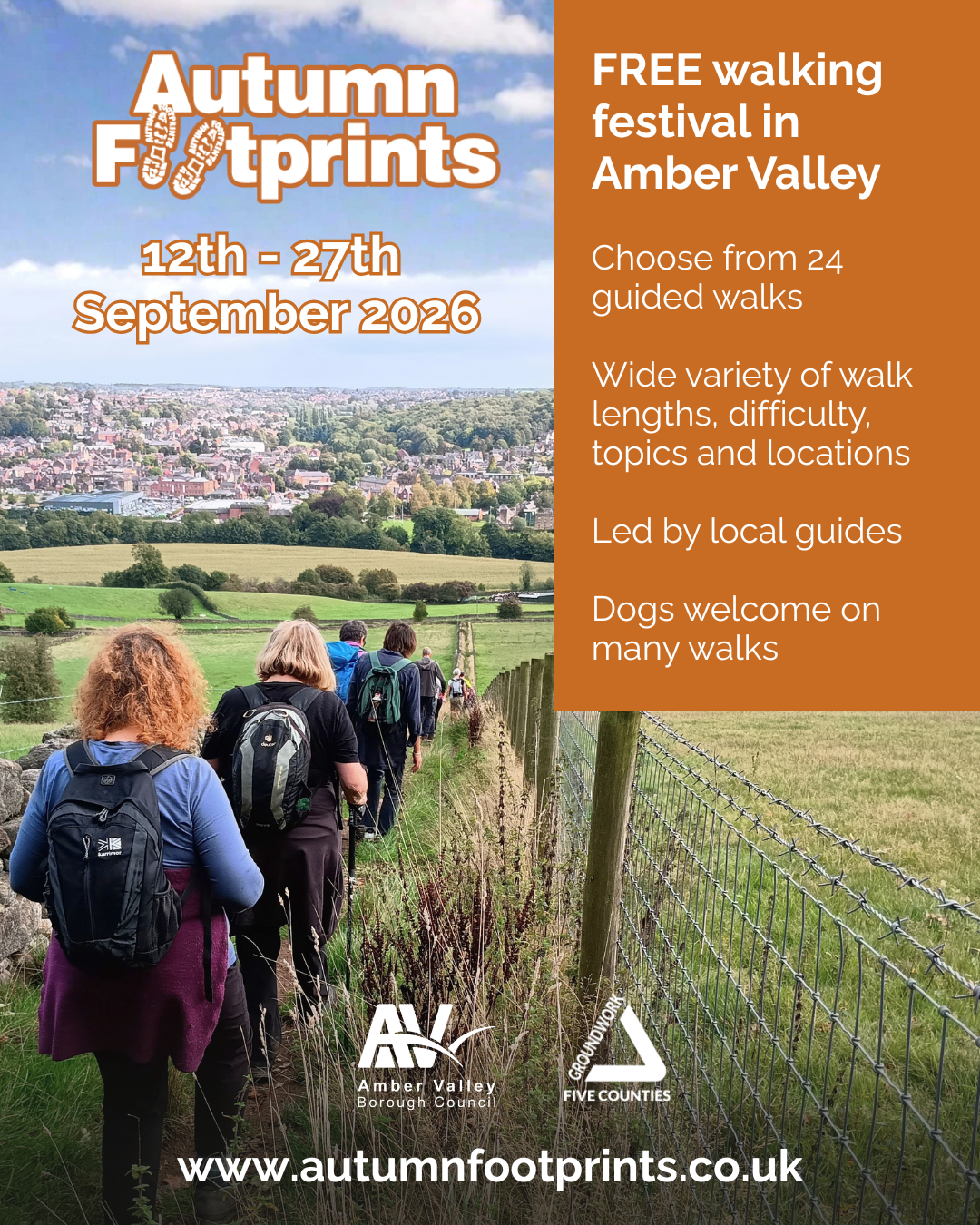 Group of people walking through countryside. Orange box with white text and logos for Autumn Footprints annual walking festival in Amber Valley,