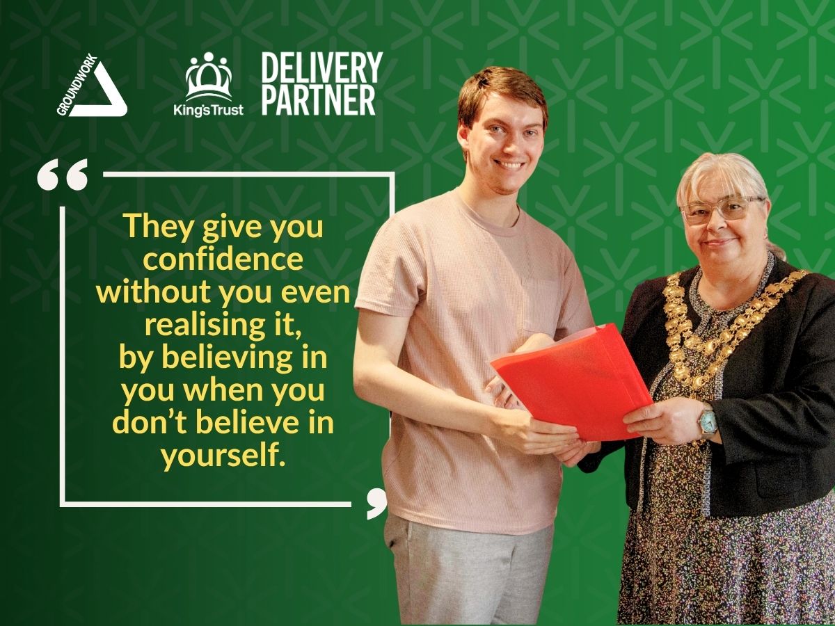 Luke accepting a certificate from the Mayor of Wigan Borough, with a quote saying "They give you confidence without you even realising it, by believing in you when you don't believe in yourself."